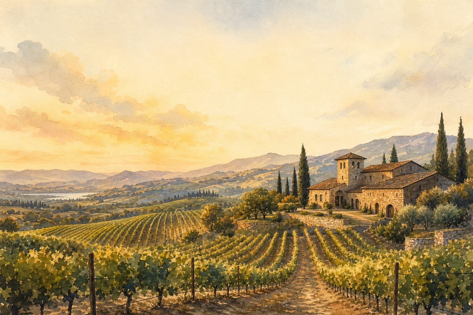 A watercolour of the vineyard at golden hour